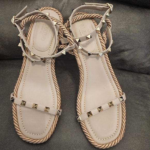 Valentino Garavani Shoes - Valentino Garavani Cream Sandals with Gold Accents